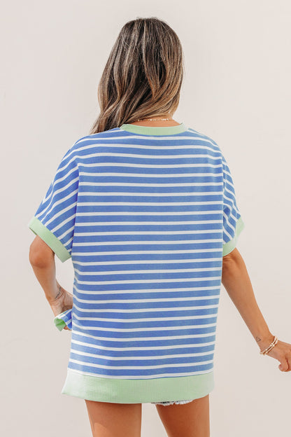 Stripe Contrast Trim Short Sleeve Top