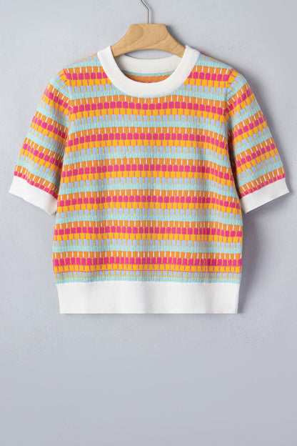 Abstract Stripe Short Sleeve Sweater Knit Top