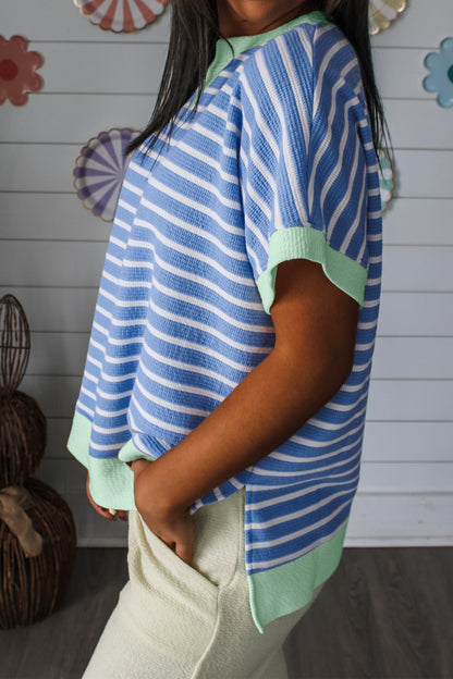 Stripe Contrast Trim Short Sleeve Top