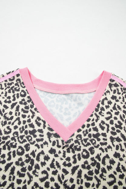 Leopard Contrast V-Neck Short Sleeve Top