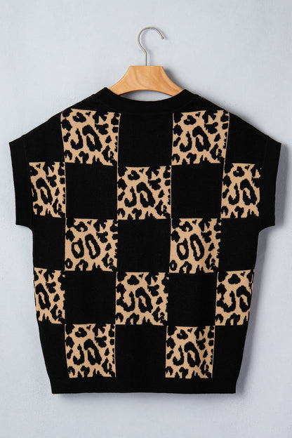 Leopard Checker Short Sleeve Knit Sweater