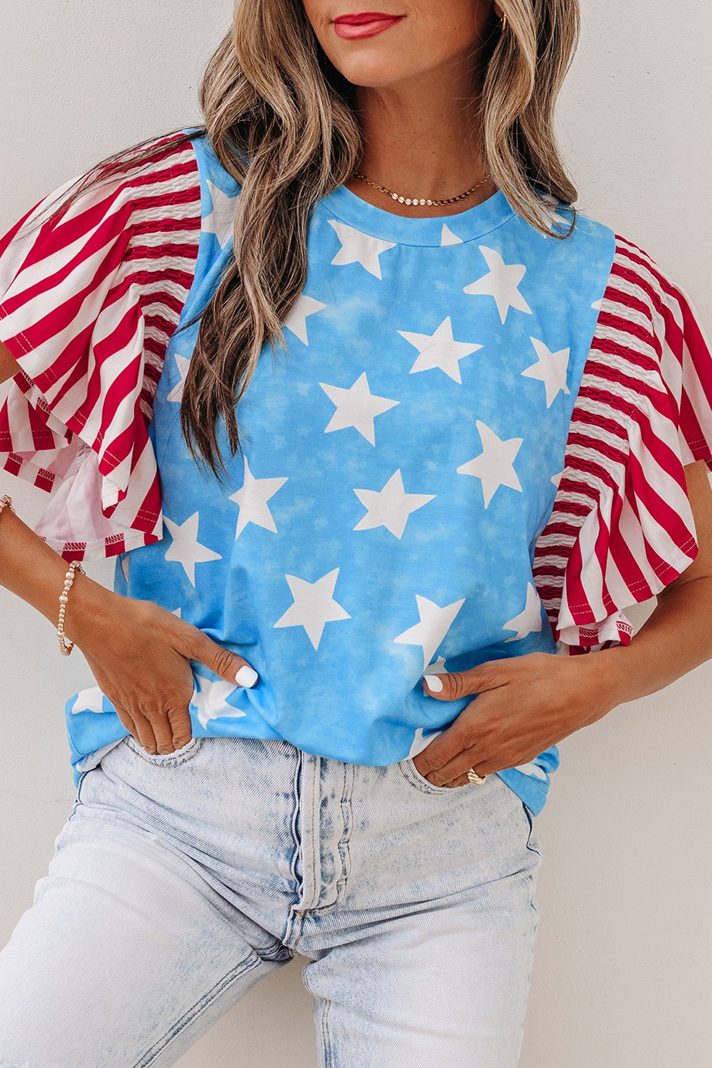 Stars & Stripes Mineral Wash Ruffle Sleeve Top