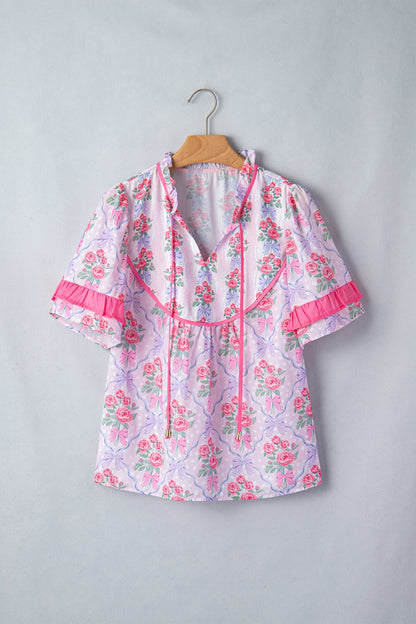 Floral Coquette Bow Ruffle Short Sleeve Blouse