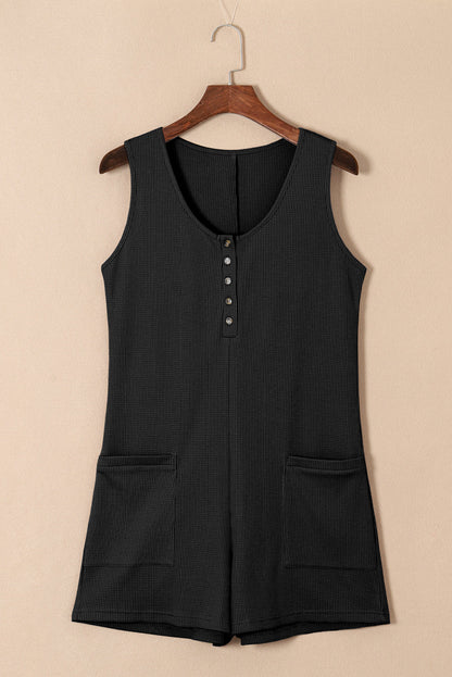 Solid Waffle Buttoned Scoop Neck Sleeveless Romper
