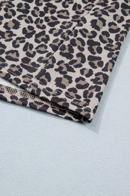 Leopard Half Zip Stripe Trim Short Sleeve Top