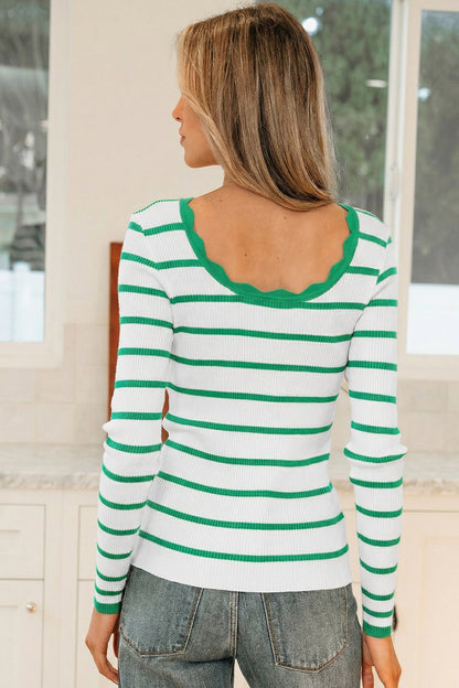 Stripe Scalloped Scoop Neck Ribbed Knit Sweater