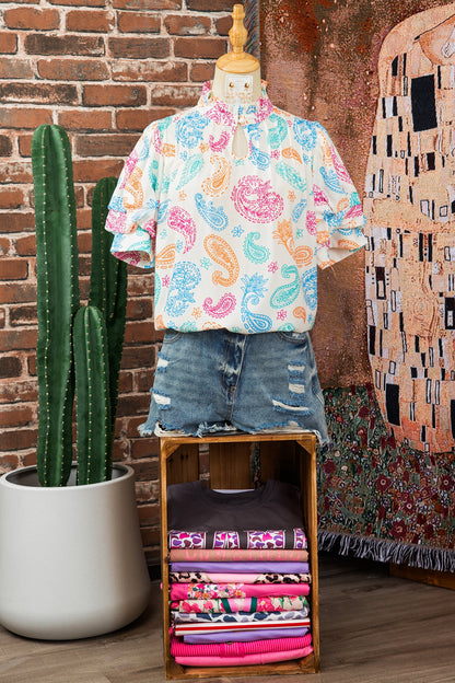 Paisley Button Keyhole Puff Sleeve Blouse