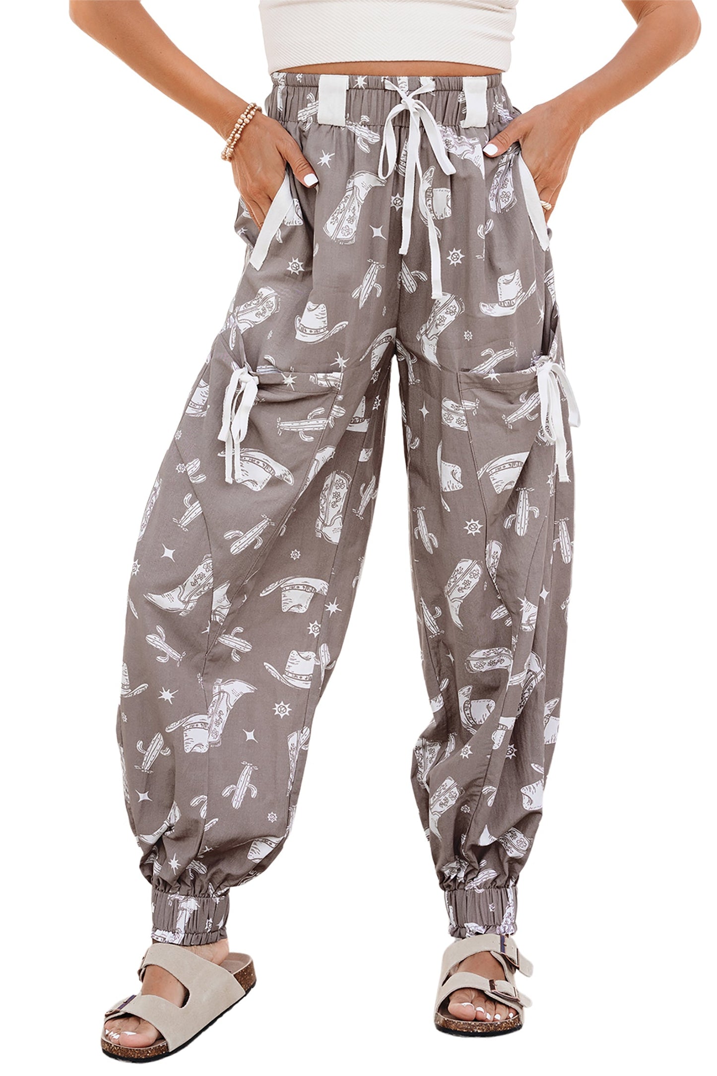 Western Cactus Cowgirl Drawstring Jogger Pants