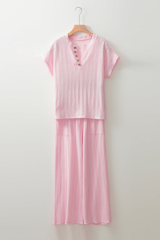 Textured Henley Top & Wide Leg Pants Set