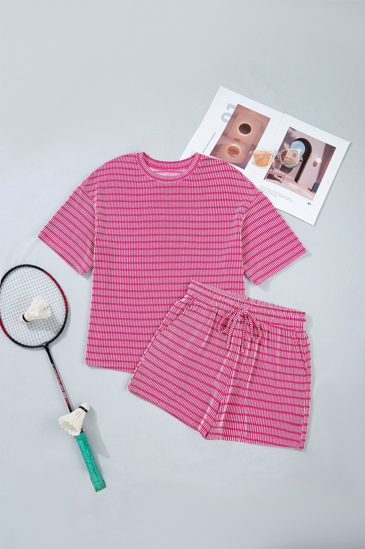 Stripe Ribbed Loose Tee & Drawstring Short Set