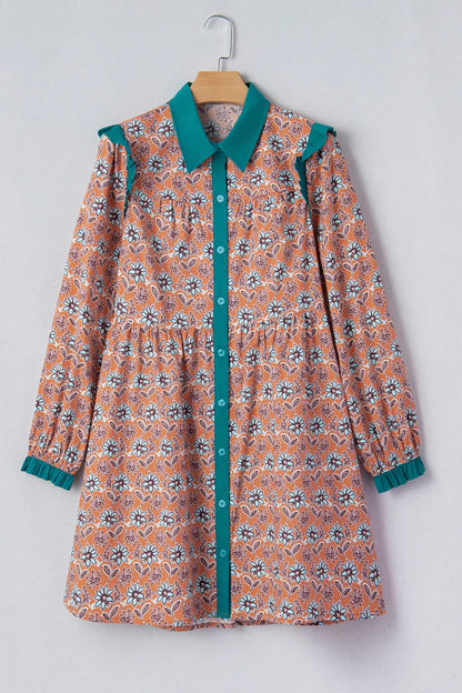 Floral Boho Contrast Collar Mini Shirt Dress