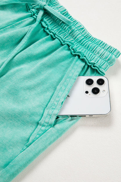Mineral Wash Drawstring Elastic Waist Raw Edge Shorts