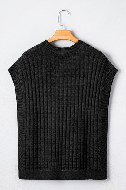 Solid Textured Round Neck Short Sleeve Sweater