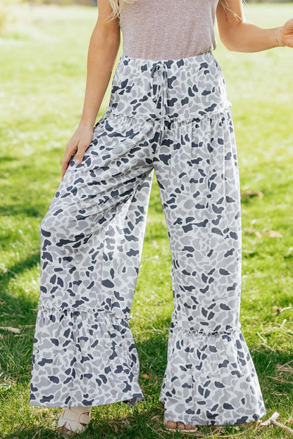 Camo Ruffle Wide Leg Drawstring Pants