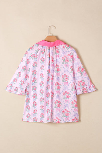 Floral Collared V-Neck Ruffle 3/4 Sleeve Shirt