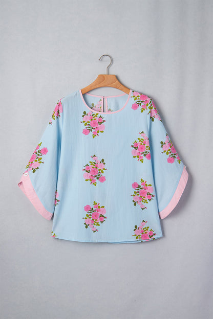 Floral Button Cuffed 3/4 Sleeve Round Neck Blouse