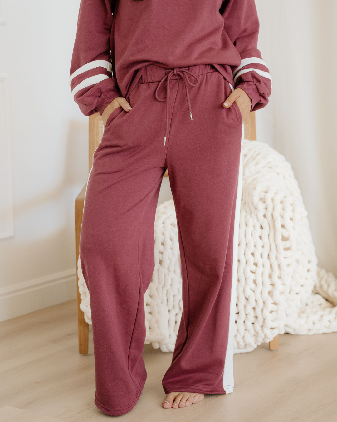 Jordyn Varsity Stripe  Drawstring Wide Leg Pant Set - Mineral Red