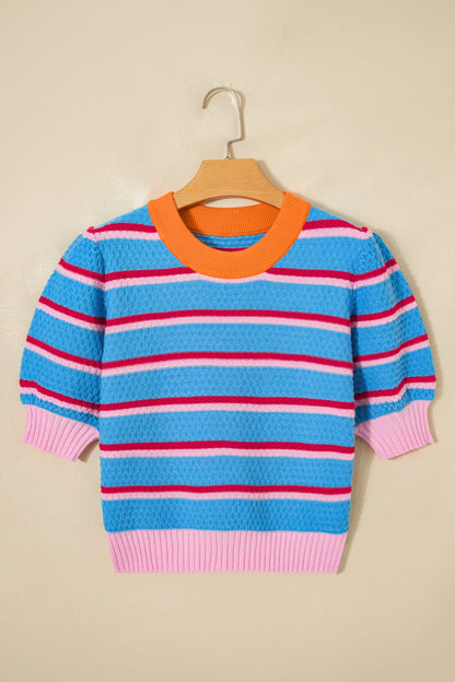 Stripe Colorblock Trim 3/4 Sleeve Sweater Top