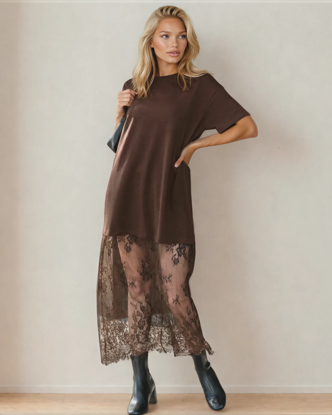 Nayeli Short Sleeve T Shirt Lace Maxi Dress - Red Sandlewood