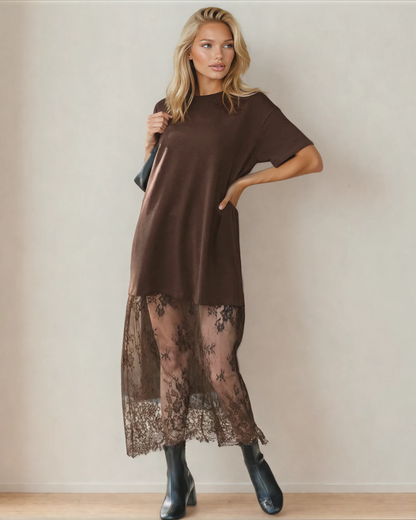 Nayeli Short Sleeve T Shirt Lace Maxi Dress - Red Sandlewood