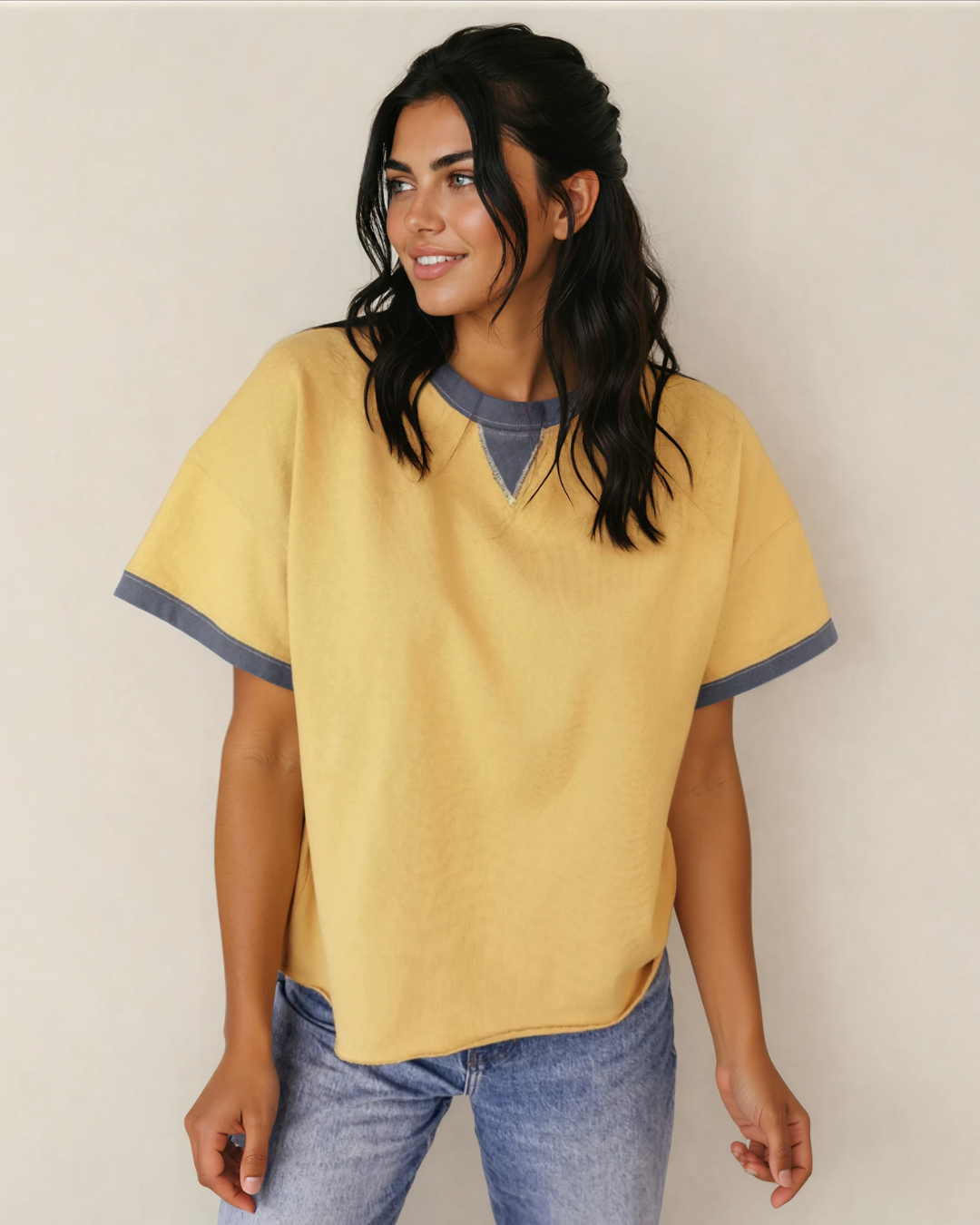 Ellison Contrast Trim Raw Hemline Short Sleeve Loose Top