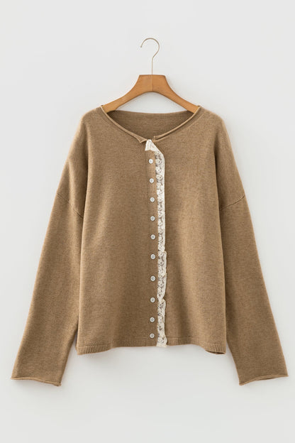Frilled Lace Contrast Trim Buttoned Cardigan Sweater
