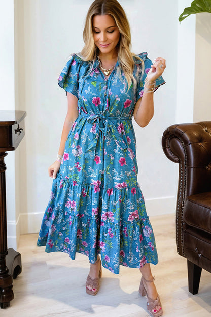 Floral Flutter Sleeve Tie Neck Belted Midi Dress