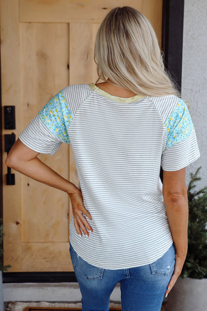 Floral Contrast Stripe Patchwork Raglan Sleeve Tee