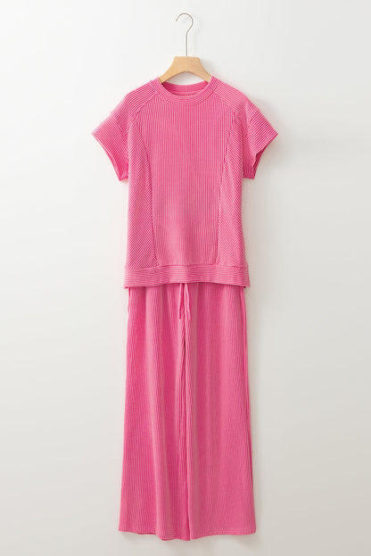 Solid Corded T-Shirt and Pants Set