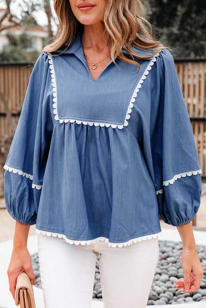 Solid Lace Ric-Rac 3/4 Sleeve Babydoll Blouse