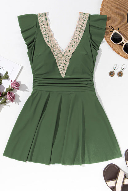 Ruffle Lace Trim V-Neck Short Sleeve Swim Dress