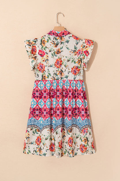 Floral Ruffle Flutter Sleeve Buttoned Mini Dress