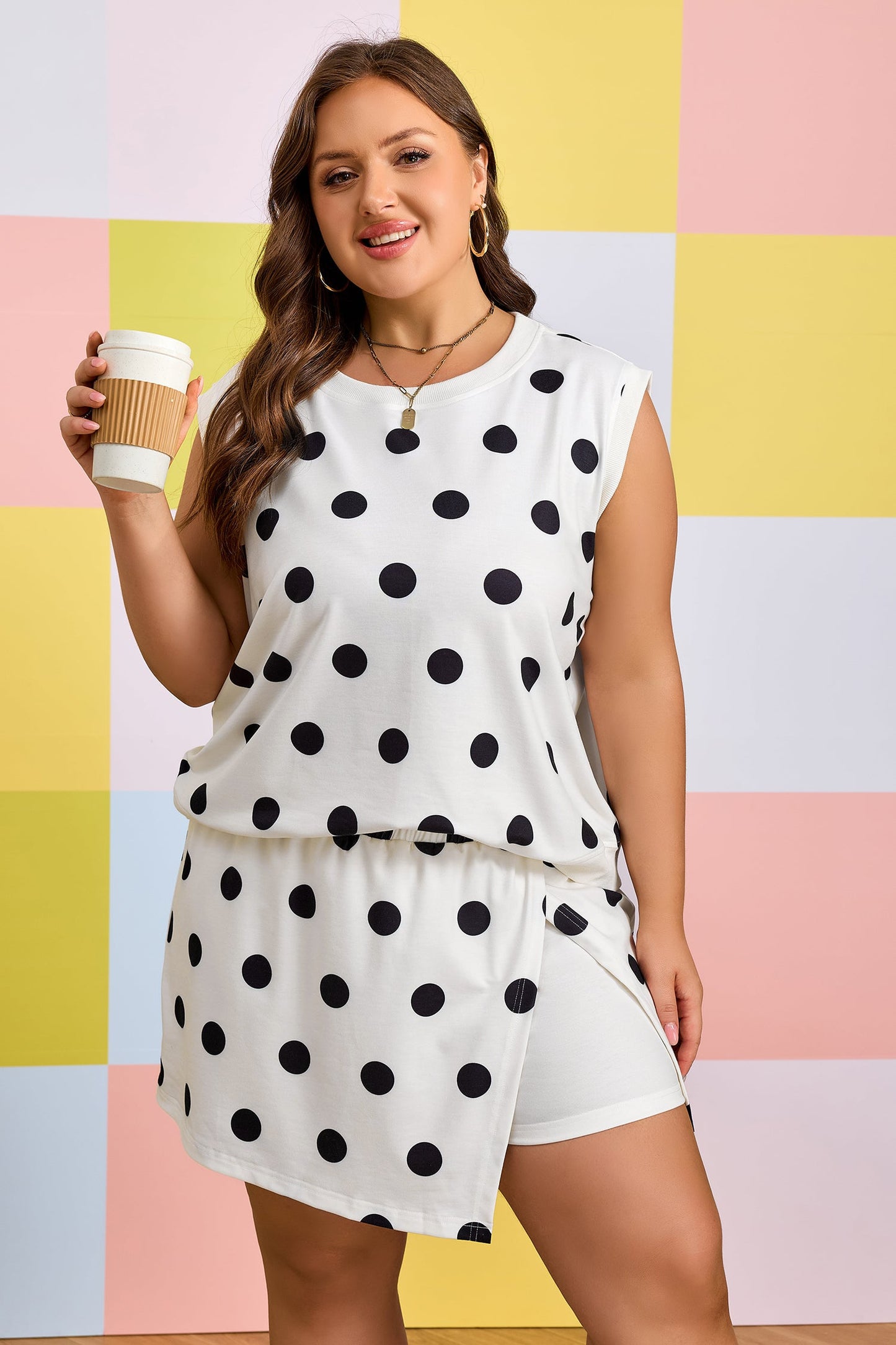 Plus Size Polka Dot Tank & Split Skort Set