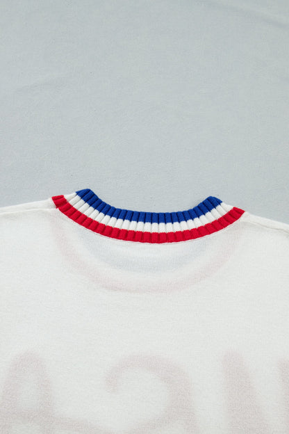 USA Stripe Contrast Trim Short Sleeve Sweater