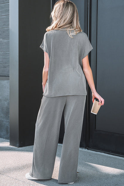 Corded Knit Mock Neck Tee and Pant Set