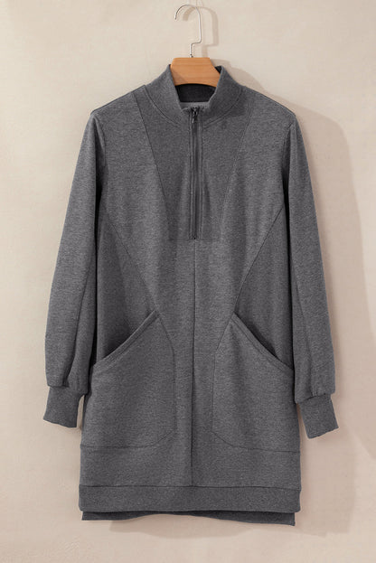 Solid Ribbed Patchwork Pocketed Sweatshirt Dress