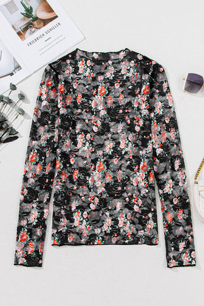Floral Mesh Sheer Long Sleeve Top