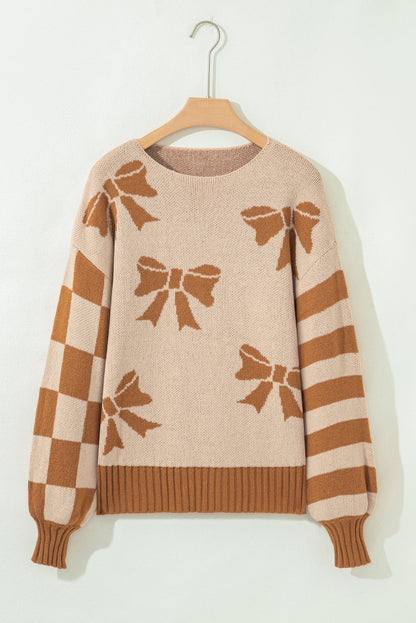 Bow Checker Stripe Patchwork Sleeve Sweater