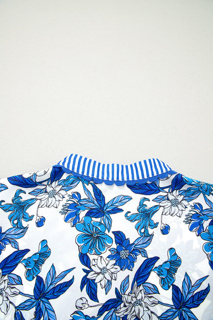 Floral Stripe Patchwork V-Neck Flounce Sleeve Blouse