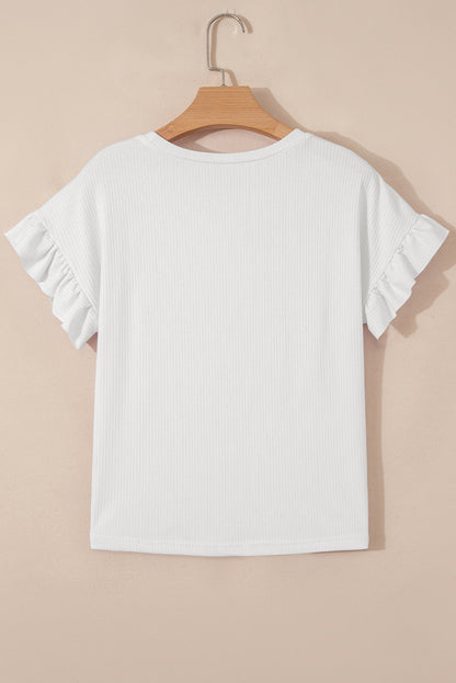 Solid Ribbed Knit Ruffle Short Sleeve T-Shirt