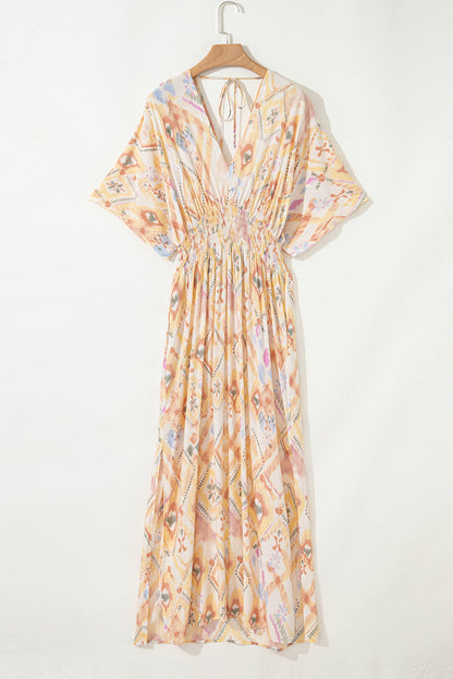 Geometric 3/4 Sleeve Shirred Maxi Dress