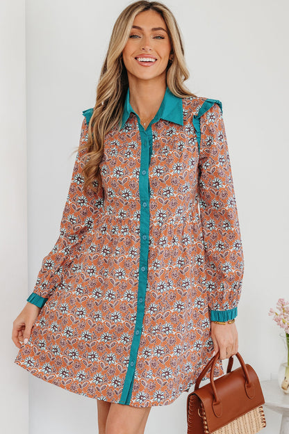 Floral Boho Contrast Collar Mini Shirt Dress