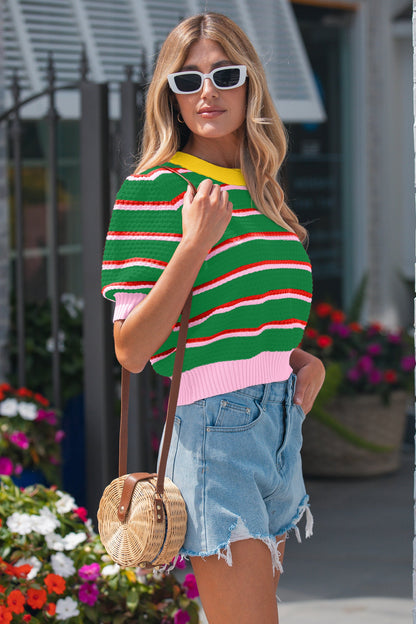 Stripe Colorblock Trim 3/4 Sleeve Sweater Top