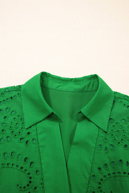 Solid Embroidered Eyelet Collared V-Neck Mini Dress