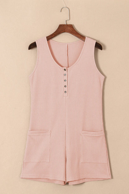 Solid Waffle Buttoned Scoop Neck Sleeveless Romper