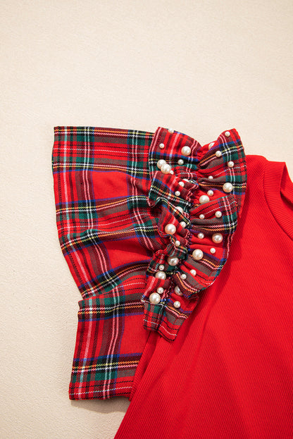Plaid Patchwork Pearl Ruffle Sleeve T-Shirt
