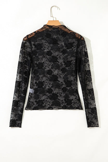 Plus Size Floral Mesh Long Sleeve Top
