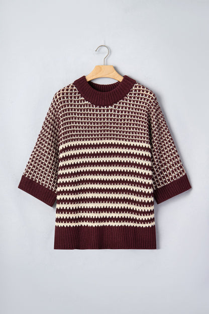 Stripe Draped 3/4 Sleeve Slouchy Sweater