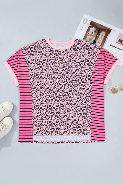 Plus Size Leopard Stripe Contrast Patchwork Tee