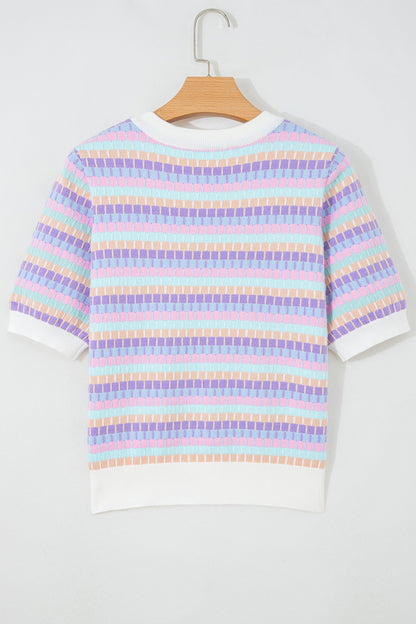 Abstract Stripe Short Sleeve Sweater Knit Top